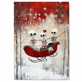 Whimsical Skeleton Sleigh Ride Christmas Art Print – Gothic Winter Wonderland Wall Decor with Skeleton Friends, Red Sleigh, Snowy Trees & Holiday Florals on Ready to Hang 1.5" Thick Canvas Wrap, Floating Framed Canvas, Flat Rolled Canvas